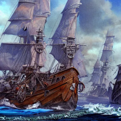 Prompt: captain philips pirates, detailed matte painting by anton pieck, deviantart contest winner, fantasy art, concept art, official art, matte drawing