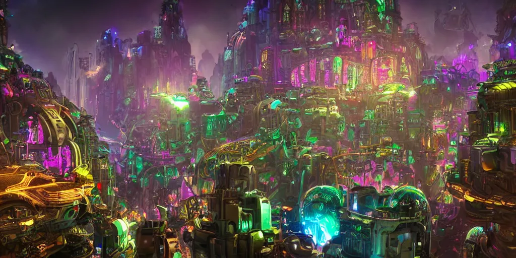 Prompt: overcrowded sci - fi steampunk and neonpunk mechanical fluorescent mystical city in a mountain landscape with monsters, night, realism in style of fornite game, 4 k, octane render, award winning photograph, epic cinematic shot, perfectly defined features, ambient occlusion