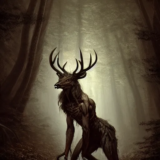 Image similar to anthropomorphic humanoid crouching deer monster in a dark moonlit forest, horror, highly detailed, crouching humanoid, human-like, whole body, by Greg Rutkowski, trending on artstation, 4k