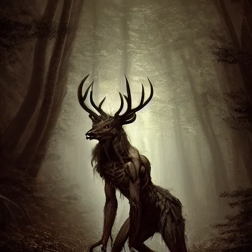 anthropomorphic humanoid crouching deer monster in a, Stable Diffusion