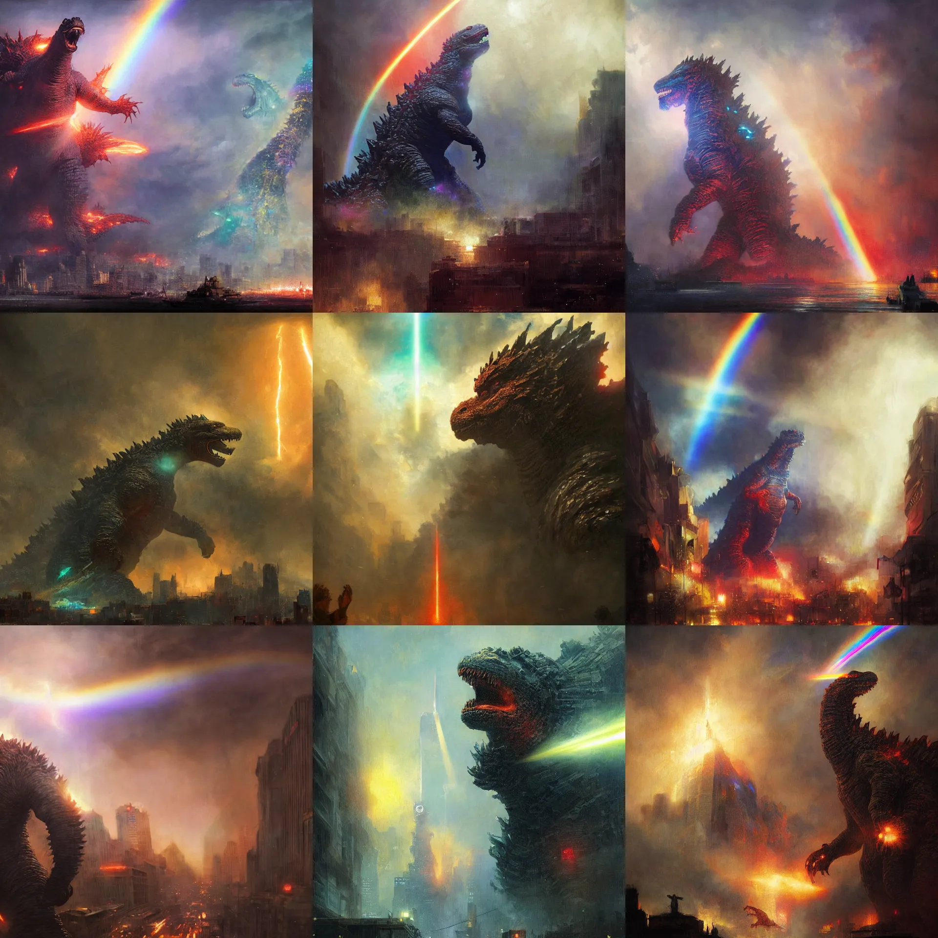 Prompt: digital art painting godzilla destroying a city with a rainbow beam power coming out it's snout painted by craig mullins and gaston bussiere and greg rutkowski, dramatic lighting, symmetrical facial features, symmetrical face, defined facial features