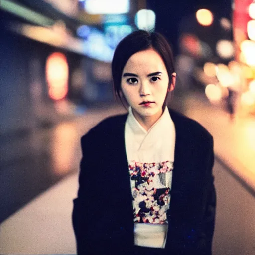 Prompt: japanese version of emma watson, in tokyo at night, film still, cinestill 8 0 0,
