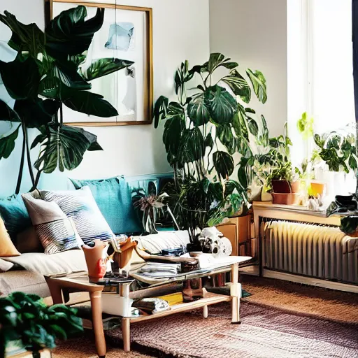 Image similar to An IKEA catalog photograph of a cozy, warm living room, bathed in golden light, with many tropical plants and eclectic furniture, a figure rests on an old couch, highly relaxed, sunday afternoon, living the good life, at peace, golden ratio