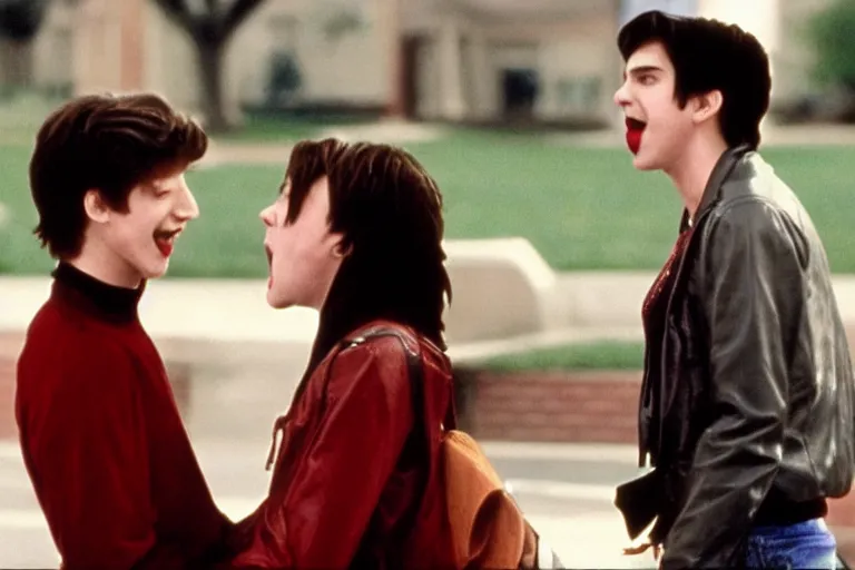 Image similar to film still of two vampires kiss, from john hughes coming - of - age high school comedy about lgbtq vampires in high school