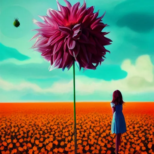 Image similar to giant dahlia flower head, full body girl standing in a flower field, surreal photography, sunrise, dramatic light, impressionist painting, colorful clouds, digital painting, artstation, simon stalenhag