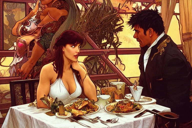 Image similar to xena warrior princess eating at a restaurant, with a hispanic man in a suit as her companion, art by artgerm and greg rutkowski and alphonse mucha