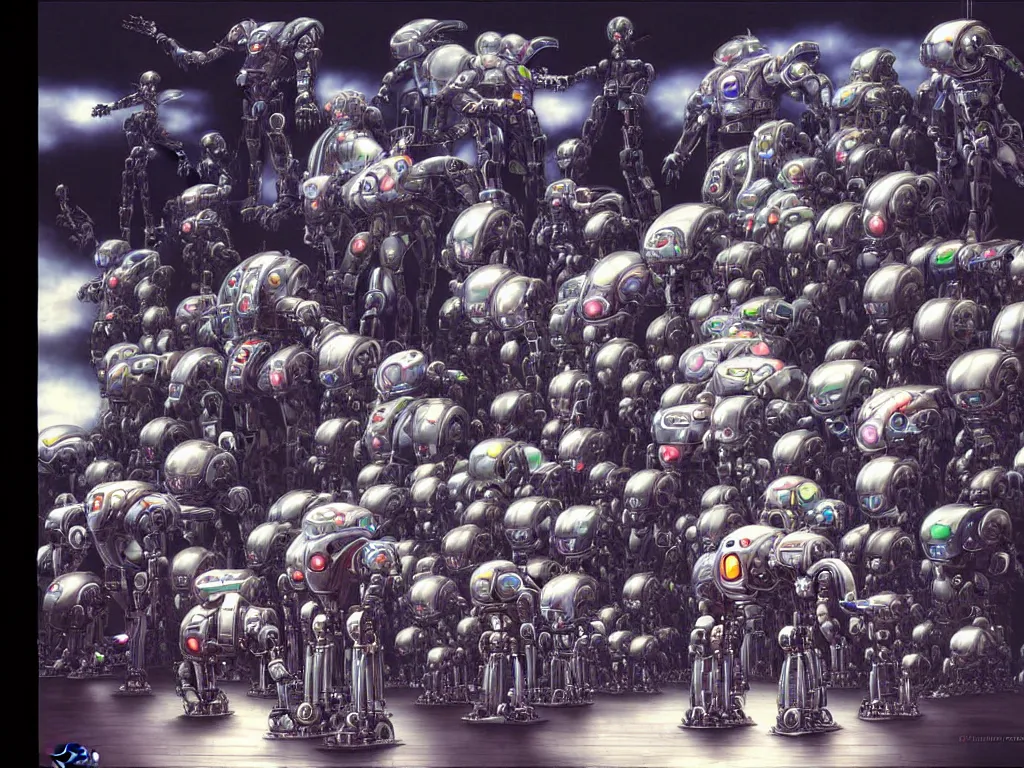 Prompt: programmers bowing down to their robot overlord by Yoshitaka Amano