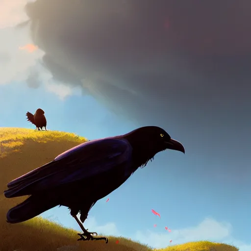 Image similar to a wholesome animation key shot of a crow on a hill, very coherent art, portrait shot, studio ghibli, pixar and disney animation, sharp, anime key art by greg rutkowski, bloom, dramatic lighting