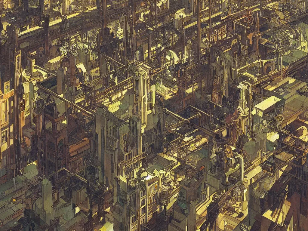 Image similar to industrial neighborhood in a cyberpunk city, by alphonse mucha, dynamic composition, dramatic lighting, hyper - realistic, ultra detailed