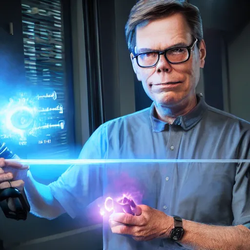 Image similar to bob lazar holding element 1 1 5, realistic artstyle, wide shot, dramatic lighting, octane render, hyperrealistic, high quality, highly detailed, hd, beautiful, cinematic, 8 k, unreal engine, facial accuracy, symmetrical