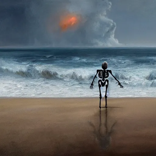 Image similar to Professional painting of anatomically correct skeleton walking along the beach, big highly detailed nuclear bomb explosion in the background, trending on Artstation, realistic, ultra detail, by Greg Rutkowski