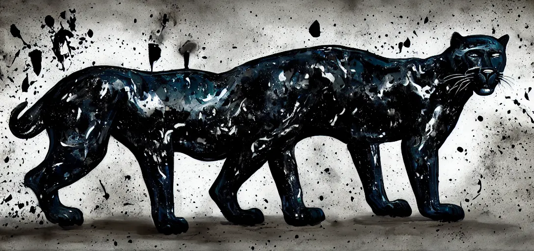 Prompt: a panther, made of tar, in a suburban backyard, sticky, full of tar, covered with tar, dripping tar, dripping tar, splattered tar, sticky tar. concept art, reflections, black goo, animal drawing