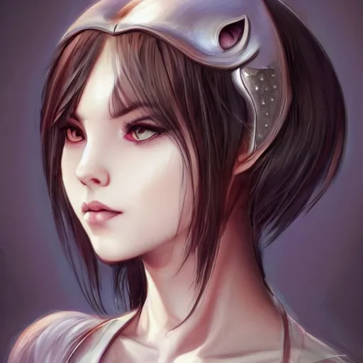 Image similar to 3/4 headshot of young female cat girl, D&D, cute, fantasy, intricate, short hair, black skin, cat face, cat nose, cathead, cat ears, white hair, highly detailed, digital painting, artstation, concept art, smooth, sharp focus, illustration, art by artgerm and H R Giger and alphonse mucha