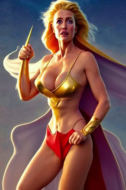 Image similar to polished sweaty she - ra : : gillian anderson kate upton : : christina hendricks body : : weta disney pixar movie still photo : : hi - fructose, sci fi, fantasy, decadent highly - detailed digital painting, golden ratio, octane render, artstation, smooth, sharp focus, artgerm, mucha, loish, wlop : :