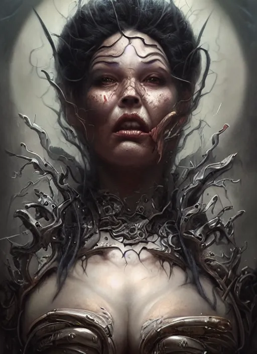 Prompt: a hyper detailed face portrait of the queen of blades, wounded face, diablo 4 lilith, sideshow figurines, by tom bagshaw, artgerm, dorian cleavenger, greg rutkowski, wlop, astri lohne, zdzisław beksinski trending on artstation