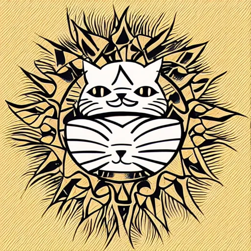 Image similar to tattoo sketch of a cat hugging the sun, on a yellow paper, maori ornament, minimalism, vector