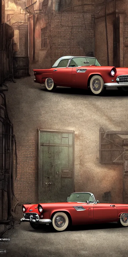 Image similar to a wholesome animation key shot of a focused old 1955 Ford Thunderbird car parked in an abandoned alleyway, medium shot, waist up, studio Ghibli, Pixar and Disney animation, sharp, very detailed, high resolution, Rendered in Unreal Engine 5, anime key art by Greg Rutkowski, Bloom, dramatic lighting