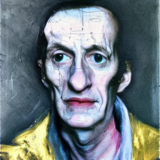 Image similar to portrait of medici emerging from the dark void, lonely figure in the darkness, soft lighting, painted by Adrian Ghenie El Greco, painted by Lucian Freud, polaroid, Renaissance, John Singer Sargant, glitch,--height 768