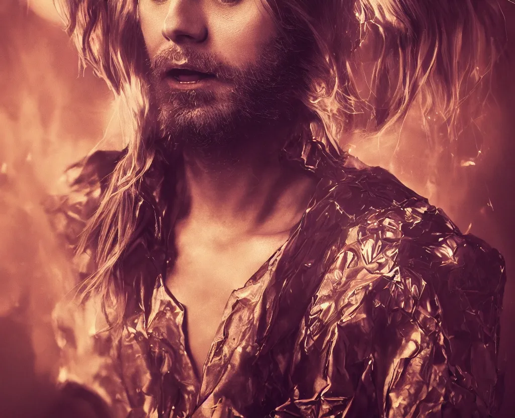 Image similar to dramatic portrait of Jared Leto, bloomed lighting, angelic, futuristic, beautiful colors, slightly golden, very sharp likeness, very detailed, chopping hands, electrical details, cinematic lighting high details, 4k, 8k, trending on artstation, ultra-realism