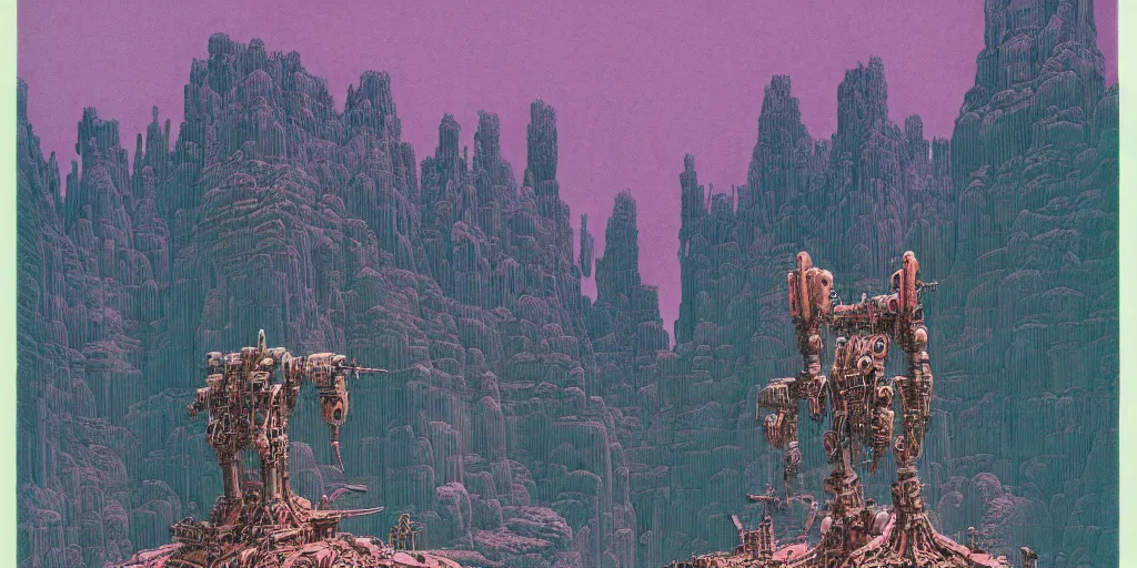 Prompt: grainy risograph matte painting of gigantic huge mech with huge swords, pastel matte colors, staying in the toxic canyon, filled with exotic animals on tall legs, by moebius, hyperrealism, intricate detailed