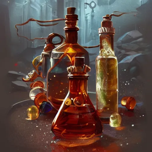 Image similar to concept art; video game potions; intricate elegant bottles; trending on artstation; rpg; octane