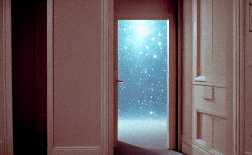 Prompt: A door opens to galaxy in the shining by stanley kubrick, shot by 35mm film color photography