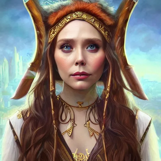 Image similar to Elizabeth Olsen as a elf archer, cute, fantasy, intricate, elegant, highly detailed, centered, digital painting, artstation, concept art, smooth, sharp focus, illustration, art by artgerm and H R Giger and alphonse mucha