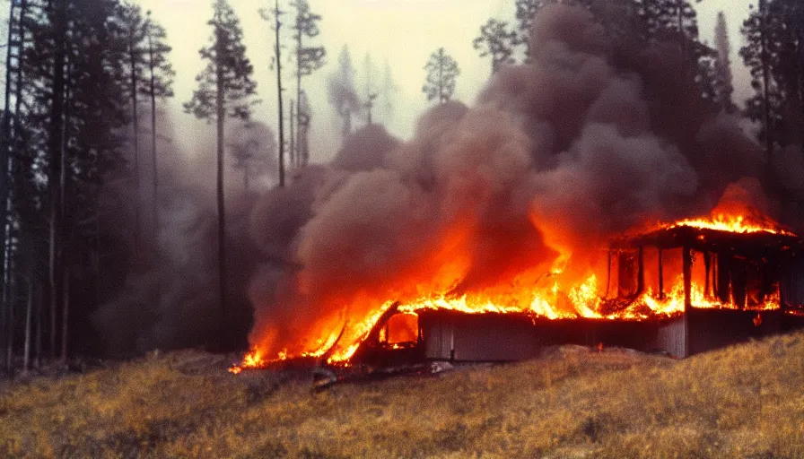 Image similar to 1 9 7 0 s movie still of a burning house on a mountain with pine forest, cinestill 8 0 0 t 3 5 mm, high quality, heavy grain, high detail, texture, dramatic light, ultra wide lens, panoramic anamorphic, hyperrealistic