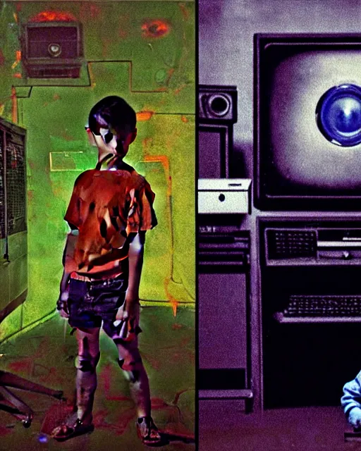 Image similar to 8k professional photo of an 8 years old enlightened and scared boy standing in front of an old computer from 90s with a game doom2 at the monitor screen. painting by Adrian Ghenie and Willem de Kooning , still from a movie by Gaspar Noe and James Cameron