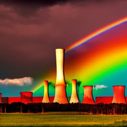 Image similar to A Masterpiece Landscape of a broken down nuclear power station, Nuclear blast imminent, nuclear reactor going critical. Rainbow Color Scheme