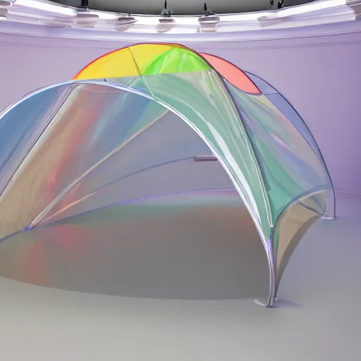 Image similar to an ultra high definition professional studio quality photograph of a transparent iridescent perspex pastel coloured raincoat tent combo on a model in an empty white room. dramatic lighting, ray tracing, refraction, shallow d. o. f, colour corrected, golden ratio, three point light. volumetric shadows. light rays.