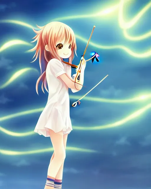 Prompt: anime style, chibi, full body, a cute girl with white skin and golden long wavy hair holding a violin and playing a song, heavenly, stunning, realistic light and shadow effects, modern art, realism, centered, landscape shot, happy, simple background, studio ghibly makoto shinkai yuji yamaguchi