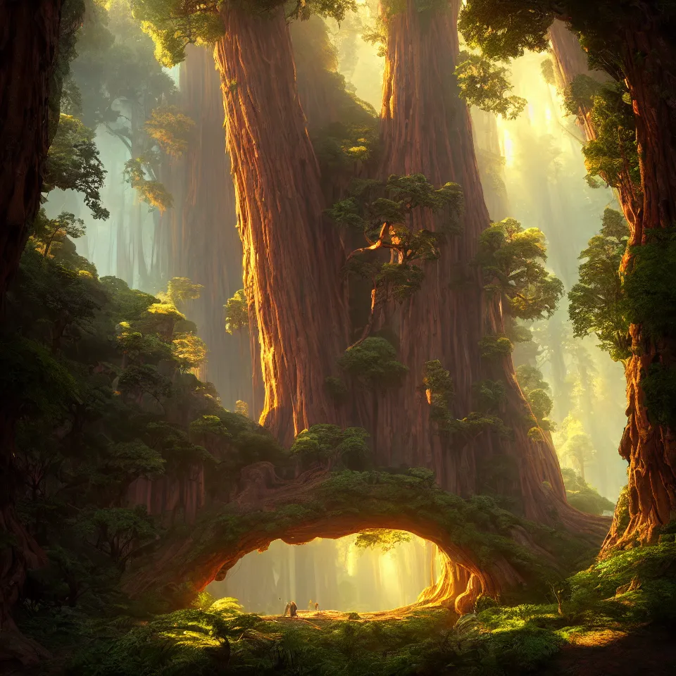 Image similar to random mystic sequoia forest giant house close - up fabulous portal, incredible, vector art, octane render, fabulous, hyper detailed, random cinematic view, no noise, global illumination, warm lighting, volumetric, godrays, vivid, beautiful, by jordan grimmer