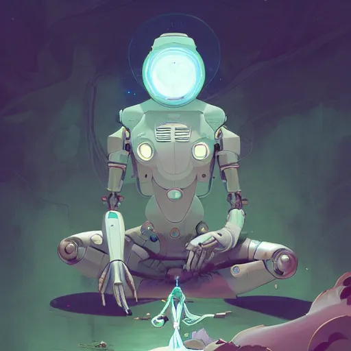 Prompt: a beautiful illustration of a humanoid robot meditating by pete mohrbacher and guweiz and josan gonzalez and and moebius and enki bilal and jean claude meziere, graphic novel