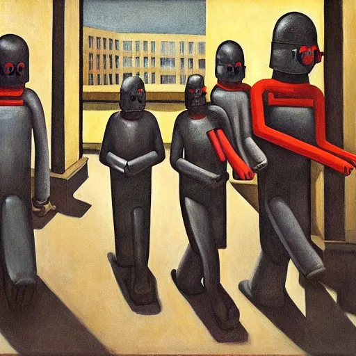 Prompt: drab workers wearing gas masks walking along cloisters, watched by fascist robots, brutalist courtyard, dystopian, pj crook, edward hopper, oil on canvas