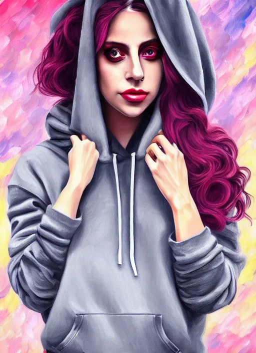 Image similar to lady gaga,, gray hoodie, jeans, tiara, half body shot, path traced, highly detailed, high quality, digital painting, alena aenami, leonid afremov, lilia alvarado, shinji aramaki, karol bak, alphonse mucha, tom bagshaw