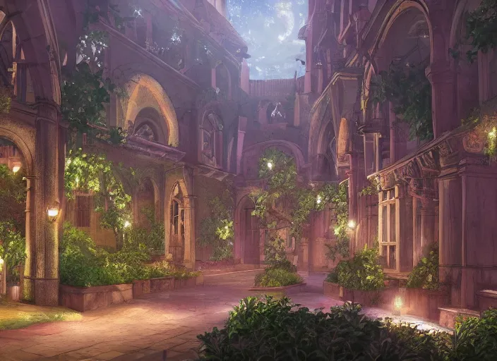 Image similar to environmental illustration of a cloister garden in a late renaissance city at night | | anime key visual, official media, illustrated by wlop, extremely detailed, 8 k, trending on pixiv, cinematic lighting, beautiful