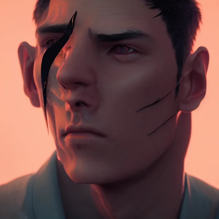 Prompt: portrait of a male model with a scar over his eye, by Tooth Wu, wlop, beeple, dan mumford. octane render, trending on artstation, greg rutkowski very coherent symmetrical artwork. cinematic, hyper realism, high detail, octane render, 8k, iridescent accents