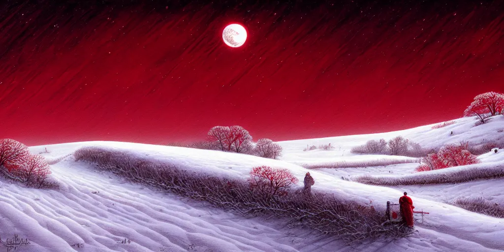 Image similar to painting a snowy landscape under a large blood red harvest supermoon, decorated, intricate, elegant, highly detailed, digital painting, artstation, concept art, smooth, sharp focus, illustration, art by gerald brom, 8 k