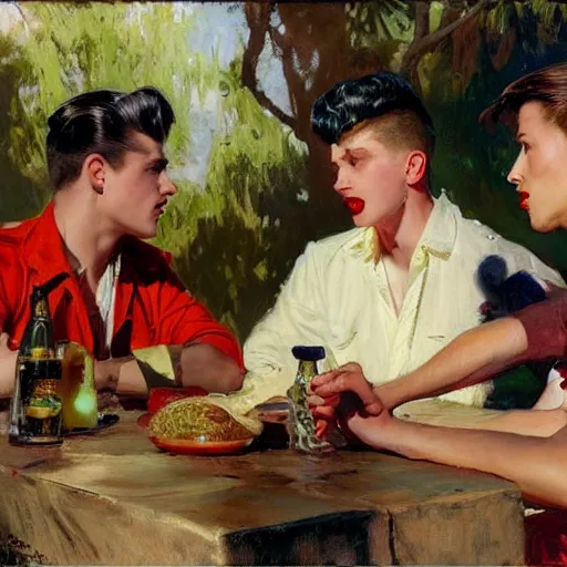 Prompt: three male teens wearing rockabilly outfits and eating lemon popsicles while looking at a woman by gaston bussiere, craig mullins, j. c. leyendecker 8 k