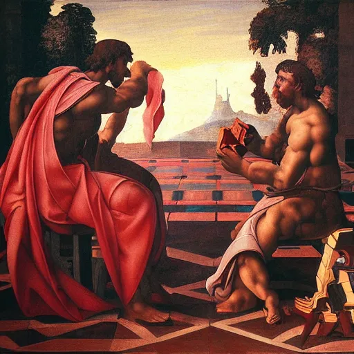 Image similar to a Nvidia robot with no other purpose in life than looking at a painting of gods playing chess under a crimson sky. Painted by Michelangelo. Hd. 4k. Arcane style