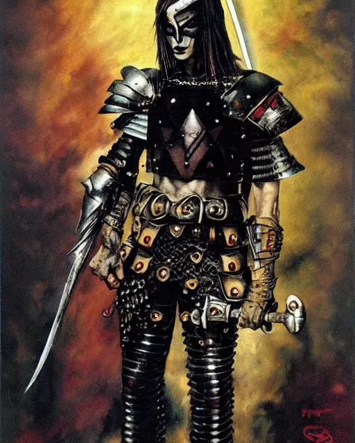 Image similar to portrait of a skinny punk goth warrior wearing armor by simon bisley, john blance, frank frazetta, fantasy, sorceror