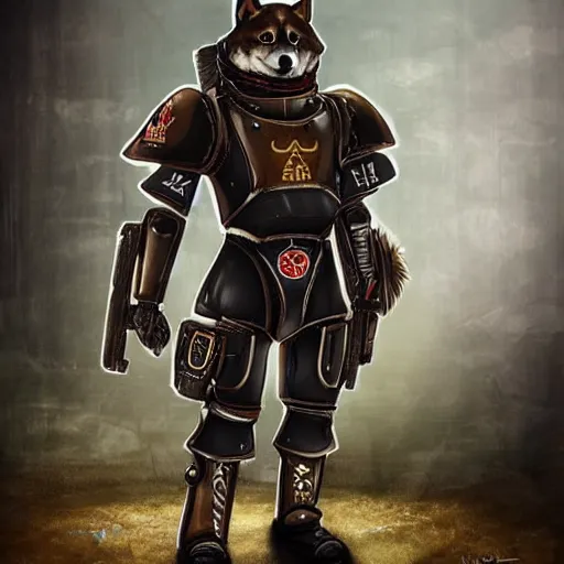 Prompt: anthropomorphic shiba inu, wearing tactical military exoskeleton, sci - fi, warhammer 4 0 k style, post apocalyptic background