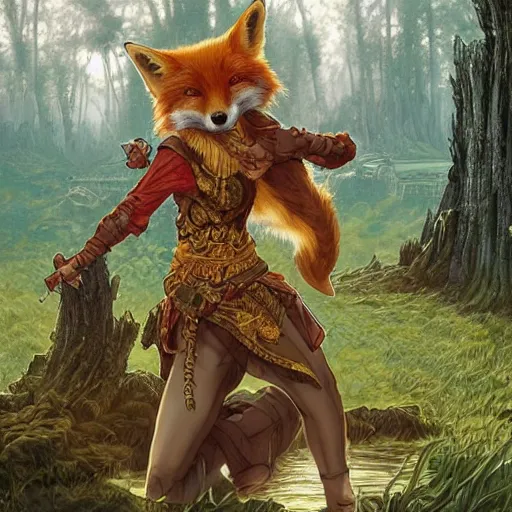 Image similar to An epic fantasy comic book style portrait of a fox as a martial arts expert, temple ruins surrounded by lush meadow and big pines, intricate, elegant, highly detailed, digital painting, artstation, concept art, matte, sharp focus, illustration, art by Artgerm and Greg Rutkowski and Alphonse Mucha