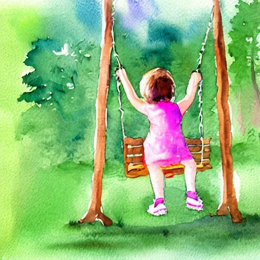 Image similar to watercolor. a swing set with a child enjoying themselves. blurry. visible brushstrokes.