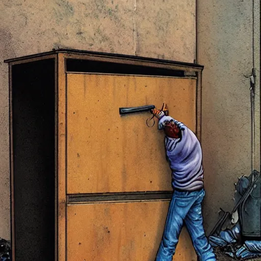 Prompt: a man hides behind a dumpster to reload while the demon in the alley coalesces : high quality high detail painting by david mattingly and larry elmore and richard corben, hd, realistic scene painting, photorealistic lighting, modern supernatural urban horror, street scene