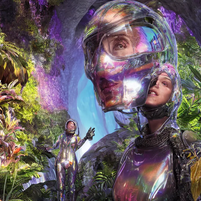 Image similar to octane render portrait by wayne barlow and carlo crivelli and glenn fabry, focus on a woman wearing a clear iridescent plastic spacesuit with intricate iridescent metal helmet, surrounded in colorful tropical alien flora in front of a giant rocky cave opening, cinema 4 d, ray traced lighting, very short depth of field, bokeh