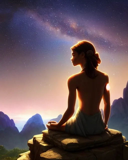 Prompt: zendaya with closed eyes meditating on a mountain cliff by night, lit village in the distance, stars milky way sky, deep focus, D&D, fantasy, intricate, elegant, highly detailed, digital painting, artstation, concept art, matte, sharp focus, illustration, hearthstone, art by Artgerm and Greg Rutkowski and Alphonse Mucha