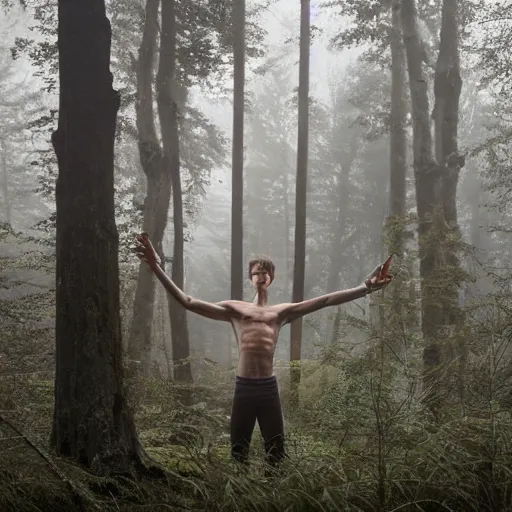 Prompt: pale, skinny, shirtless, teenage boy with natural brown hair is hunting in eerie forest. hyper detail. twilight, foggy. photo 8 k.