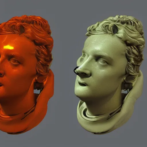 Image similar to a neon ring encircles a renaissance statue head, 3 d render